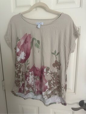 Studio Beige Scoop Neck Tee with Pink Floral Print